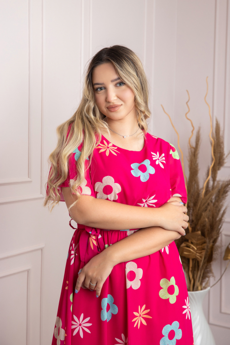 Rochie ciclam cu imprimeu floral si maneci fluture [3]