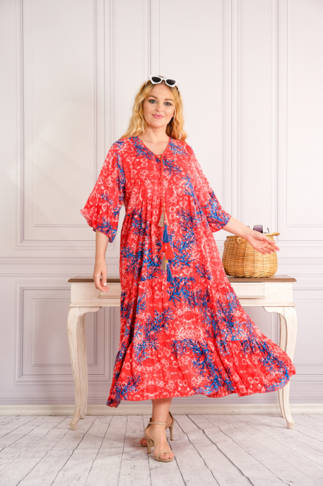 Rochie corai lunga boho chic cu imprimeuri florale albastre [4]