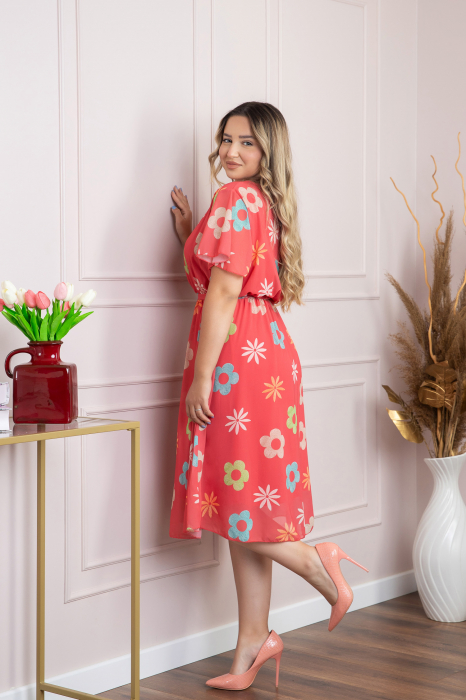 Rochie corai cu imprimeu floral si maneci fluture [4]