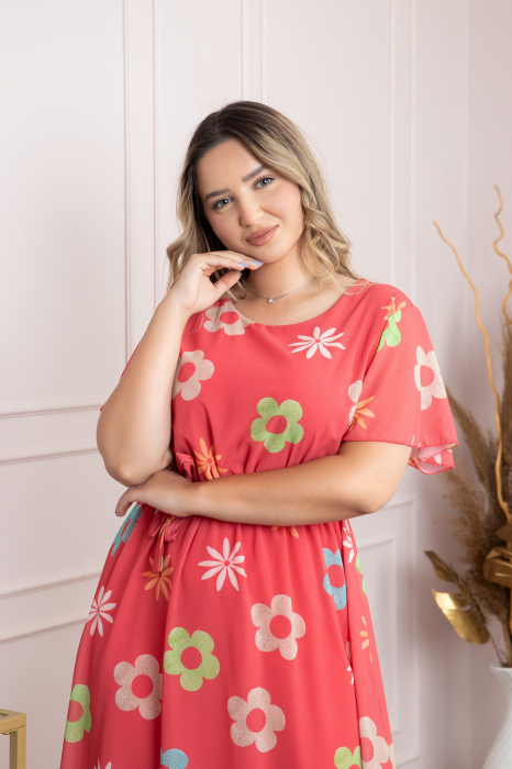 Rochie corai cu imprimeu floral si maneci fluture [3]