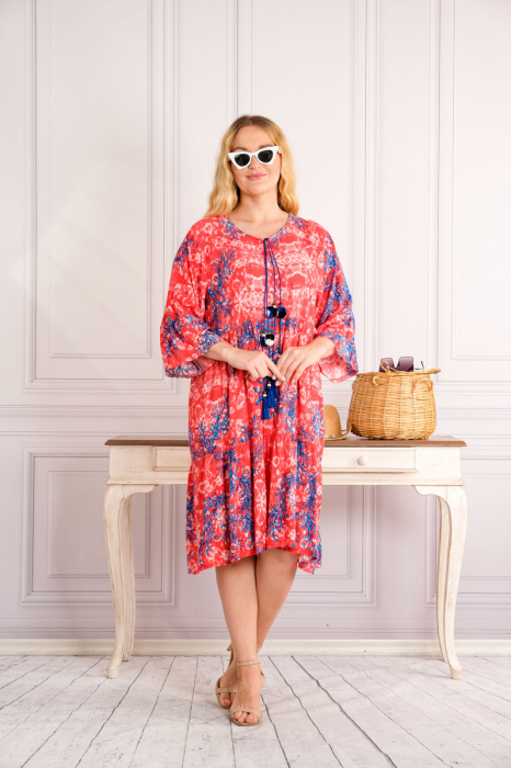 Rochie corai midi boho chic cu imprimeuri florale albastre