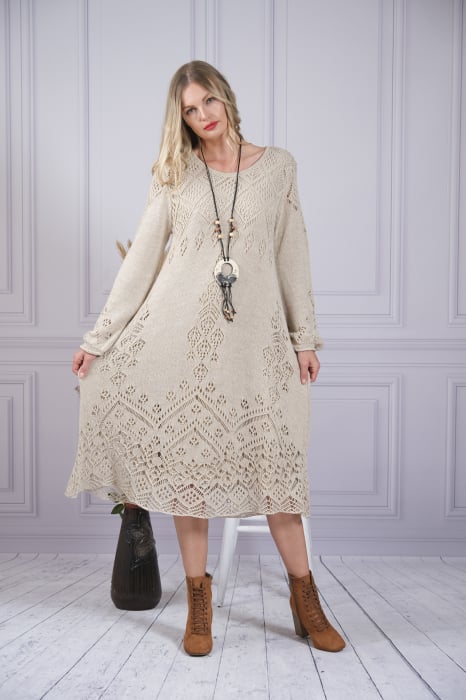 Rochie crem boho chic tricotata cu detaliu perforat [4]