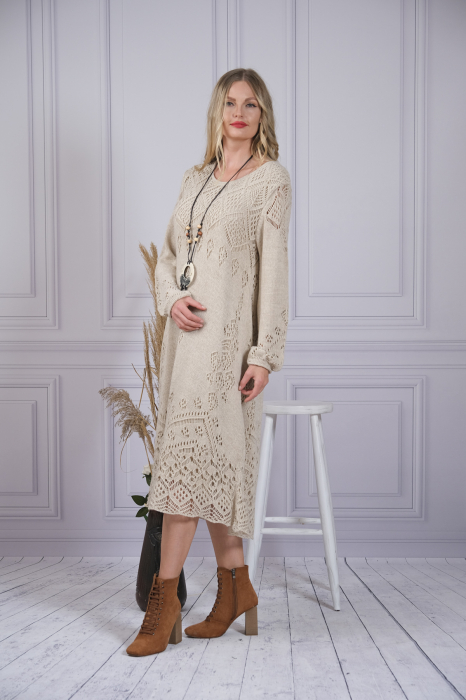 Rochie crem boho chic tricotata cu detaliu perforat [2]