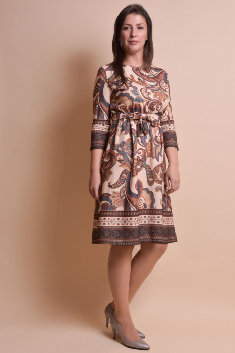Rochie office crem cu imprimeuri florale maro si cordon in talie [3]