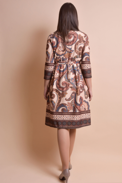 Rochie office crem cu imprimeuri florale maro si cordon in talie [5]