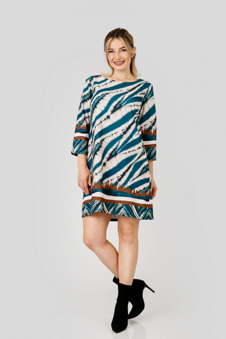 Rochie crem cu imprimeuri turcoaz si maneci trei sferturi [4]