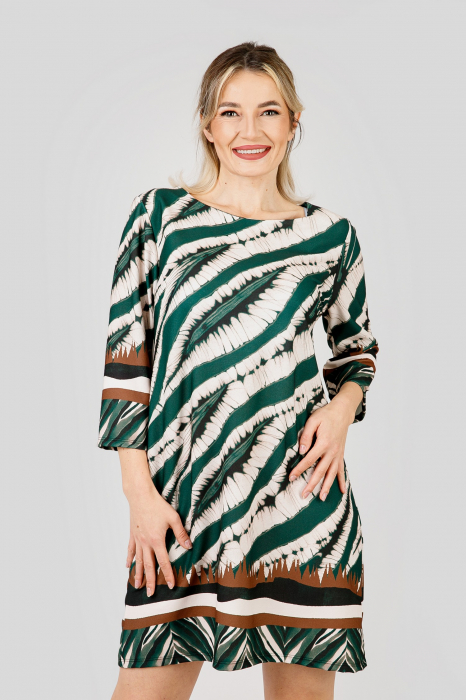 Rochie crem cu imprimeuri verde smarald si maneci trei sferturi [2]