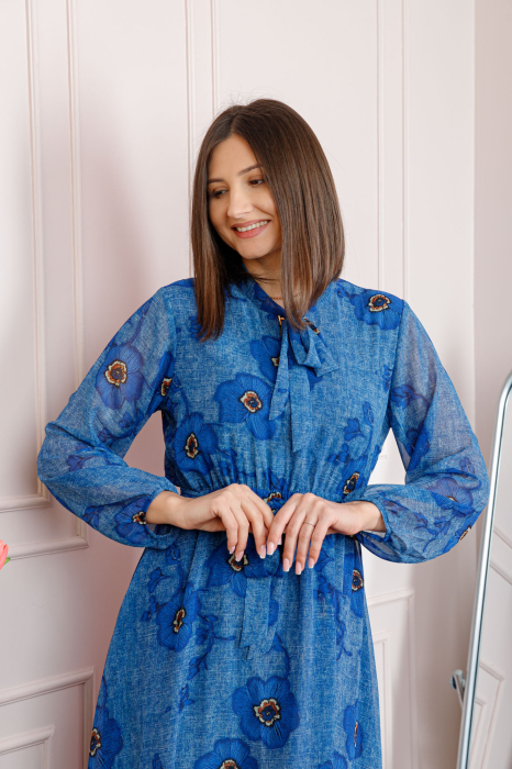 Rochie dama albastra Alessandra din voal cu imprimeu floral si cordon in talie [2]