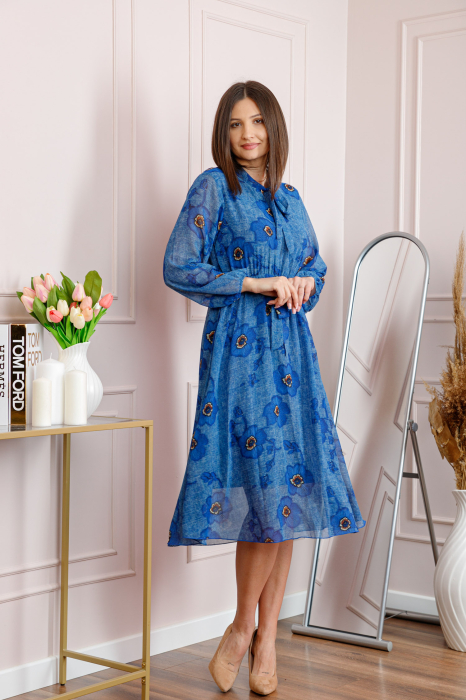 Rochie dama albastra Alessandra din voal cu imprimeu floral si cordon in talie [4]