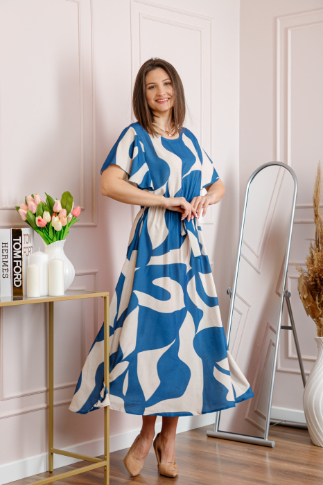 Rochie dama albastra Artemis cu imprimeu abstract si cordon in talie [4]