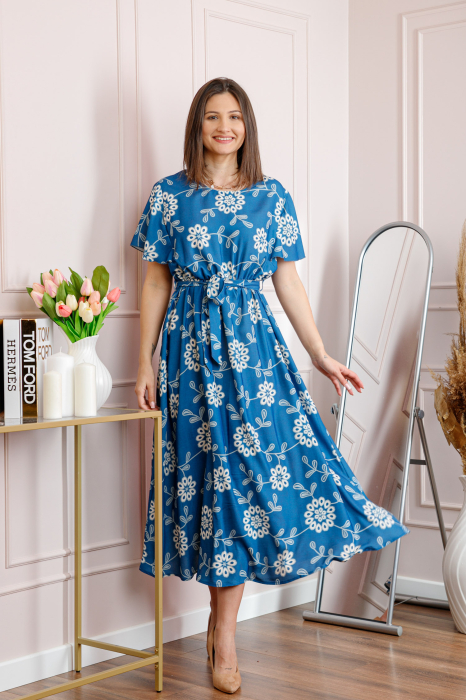 Rochie dama albastra Artemis cu imprimeu floral si cordon in talie [3]
