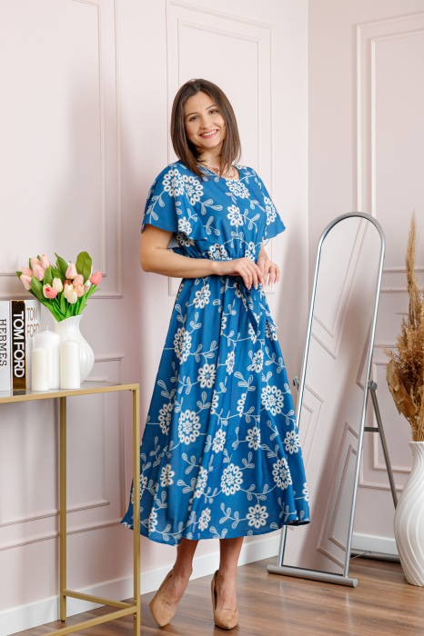 Rochie dama albastra Artemis cu imprimeu floral si cordon in talie [4]
