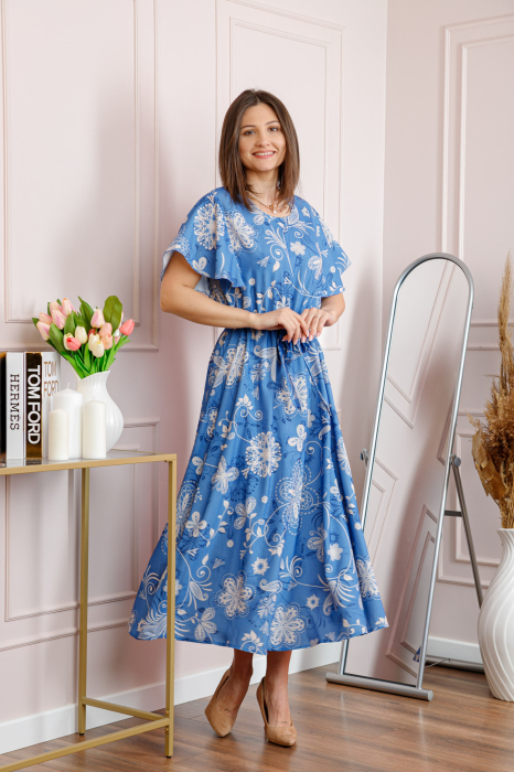 Rochie dama bleu Artemis cu imprimeu floral si cordon in talie [4]