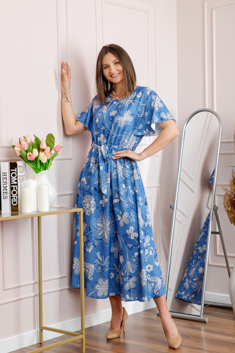 Rochie dama bleu Artemis cu imprimeu floral si cordon in talie