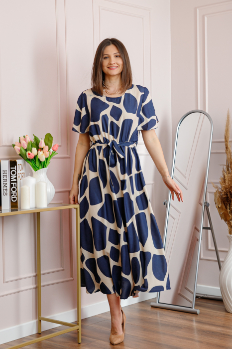 Rochie dama bleumarin Artemis cu imprimeu abstract si cordon in talie [4]