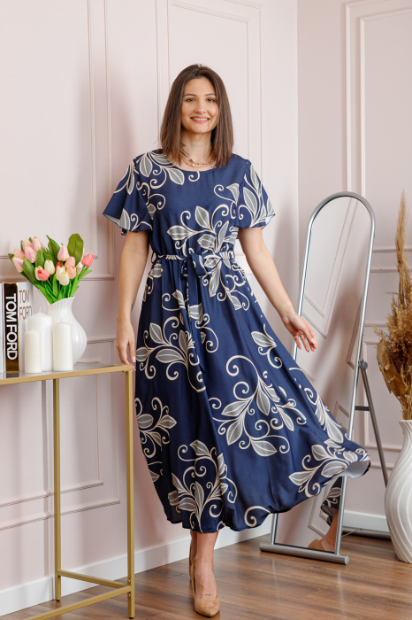 Rochie dama bleumarin Artemis cu imprimeu floral si cordon in talie [3]
