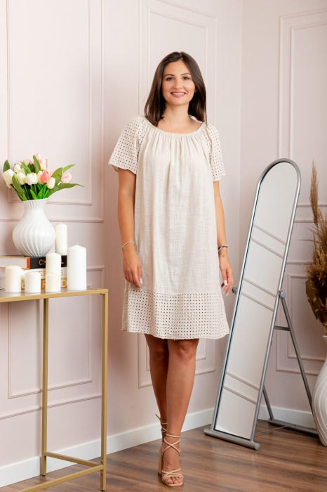 Rochie dama ecru din bumbac Sandy cu perforatii [4]