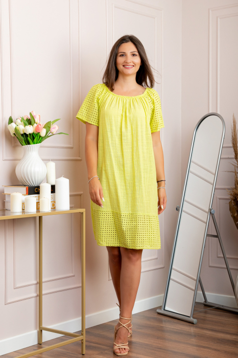 Rochie dama galben lamaie din bumbac Sandy cu perforatii [4]