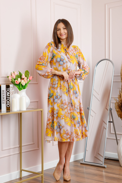 Rochie dama galbena Alessandra din voal cu imprimeu floral si cordon in talie [4]