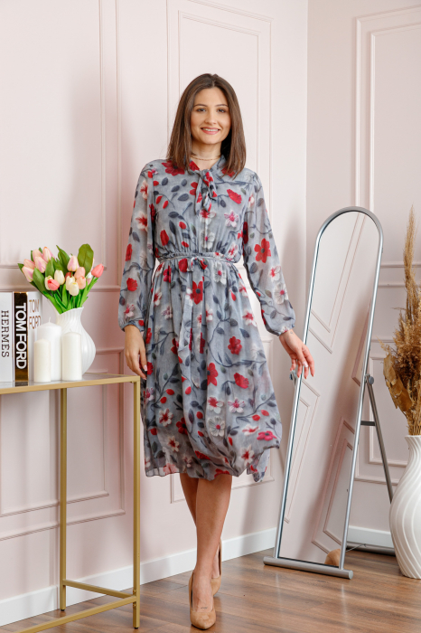 Rochie dama gri Alessandra din voal cu imprimeu floral si cordon in talie [3]