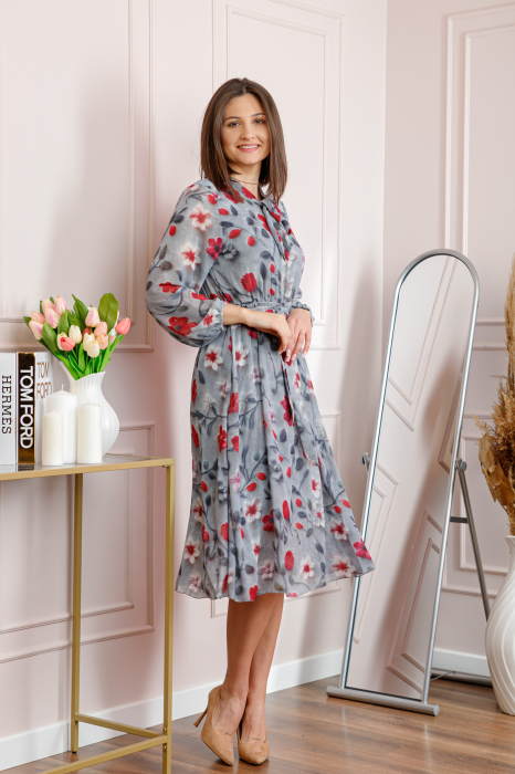 Rochie dama gri Alessandra din voal cu imprimeu floral si cordon in talie [4]
