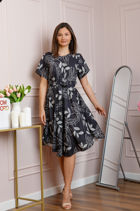 Rochie dama gri antracit Avery cu imprimeu floral si cordon in talie [4]