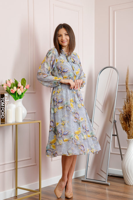 Rochie dama gri deschis Alessandra din voal cu imprimeu floral si cordon in talie [4]