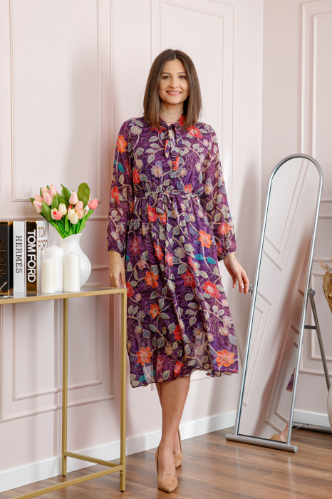 Rochie dama mov Alessandra din voal cu imprimeu floral si cordon in talie [3]