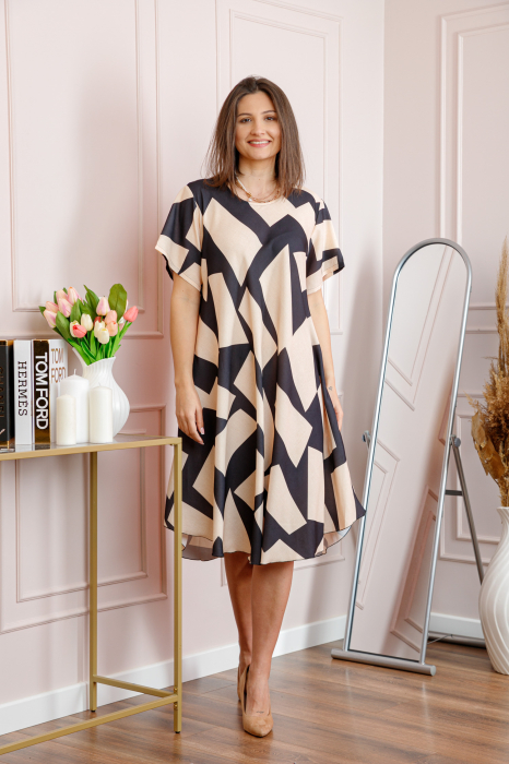 Rochie dama neagra plus size cu imprimeu abstract si croi lejer Jany