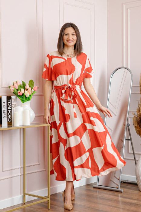 Rochie dama orange Artemis cu imprimeu abstract si cordon in talie [3]