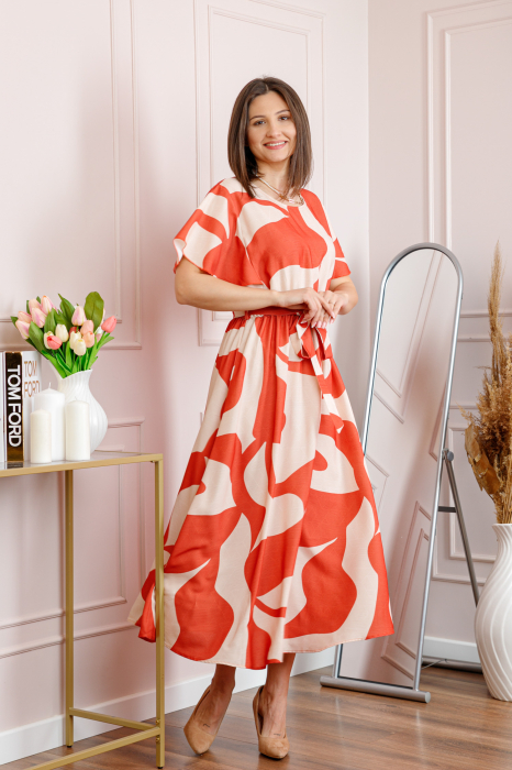 Rochie dama orange Artemis cu imprimeu abstract si cordon in talie [4]