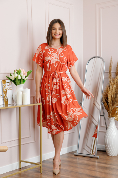 Rochie dama orange Avery cu imprimeu floral si cordon in talie