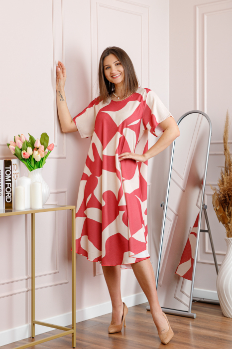 Rochie dama rosie plus size cu imprimeu abstract si croi lejer Jany [3]