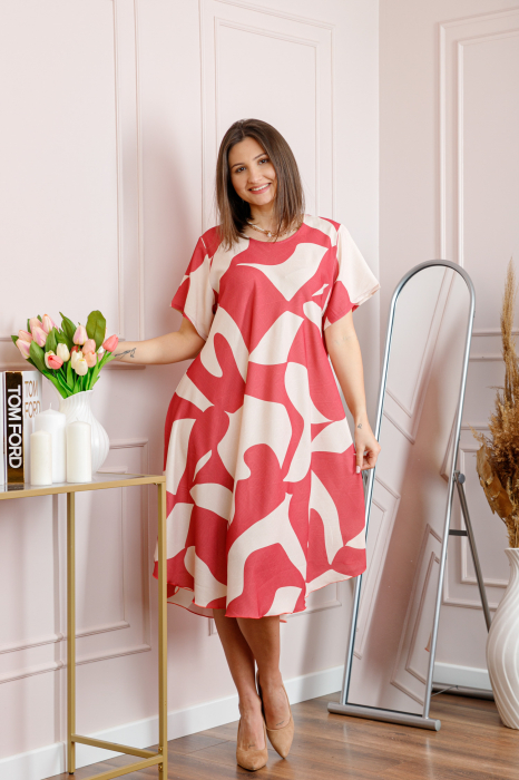 Rochie dama rosie plus size cu imprimeu abstract si croi lejer Jany [4]
