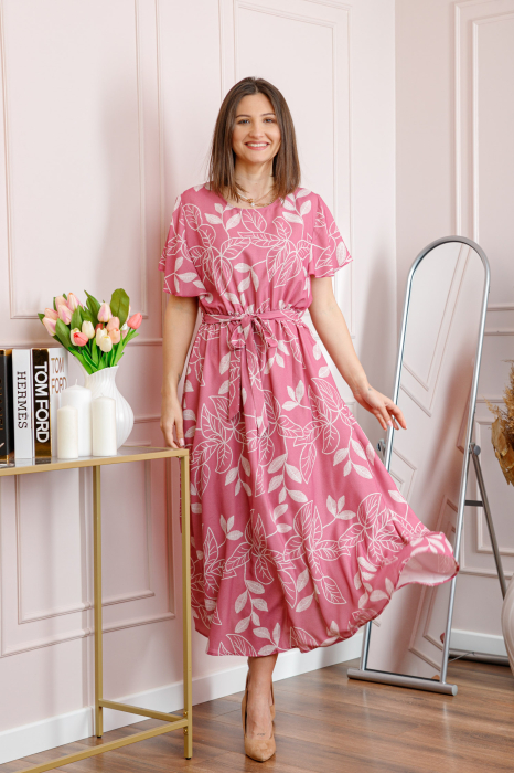 Rochie dama roz Artemis cu imprimeu floral si cordon in talie [3]