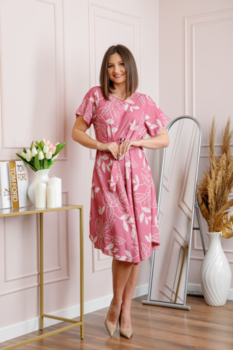 Rochie dama roz Avery cu imprimeu floral si cordon in talie [3]