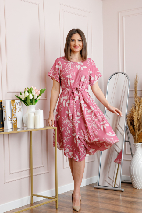 Rochie dama roz Avery cu imprimeu floral si cordon in talie [4]