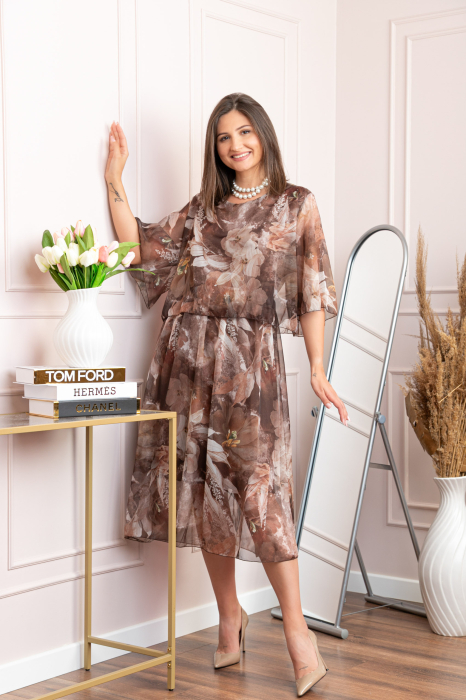 Rochie dama Theresa din voal cu imprimeu floral maro [3]
