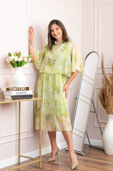 Rochie dama Theresa din voal cu imprimeu floral verde lime [3]