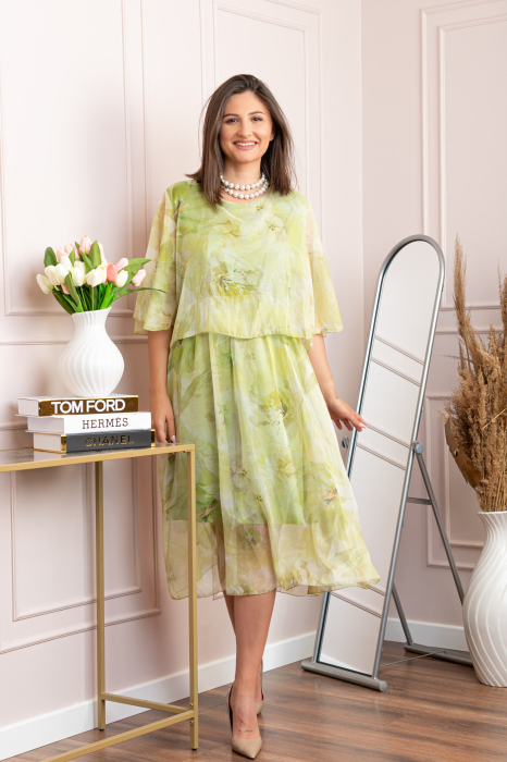 Rochie dama Theresa din voal cu imprimeu floral verde lime [4]
