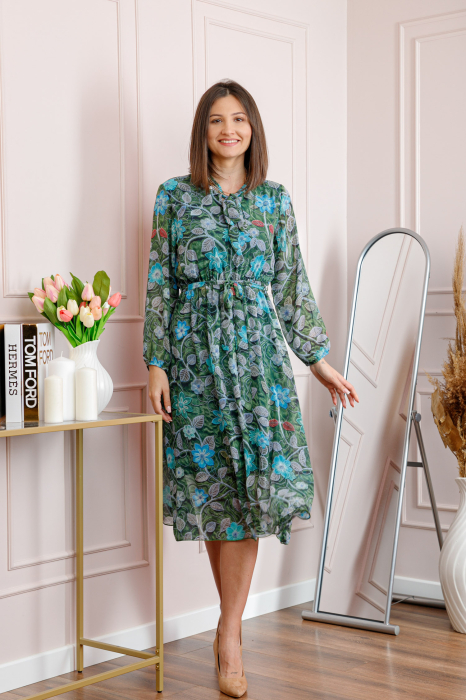 Rochie dama verde Alessandra din voal cu imprimeu floral si cordon in talie [3]
