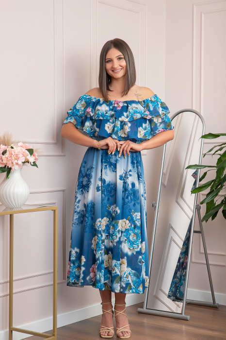 Rochie de ocazie Elle cu volane ample si imprimeuri florale - Albastru [4]