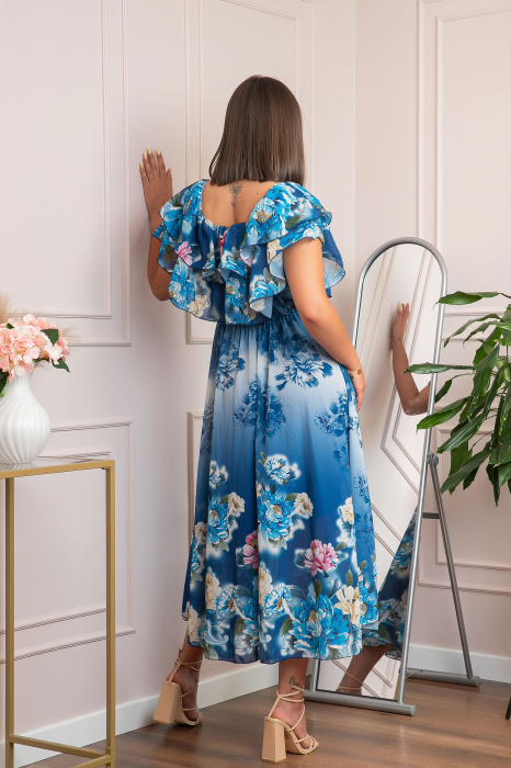 Rochie de ocazie Elle cu volane ample si imprimeuri florale - Albastru [3]