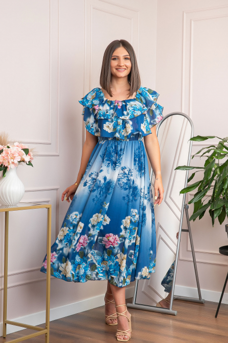 Rochie de ocazie Elle cu volane ample si imprimeuri florale - Albastru