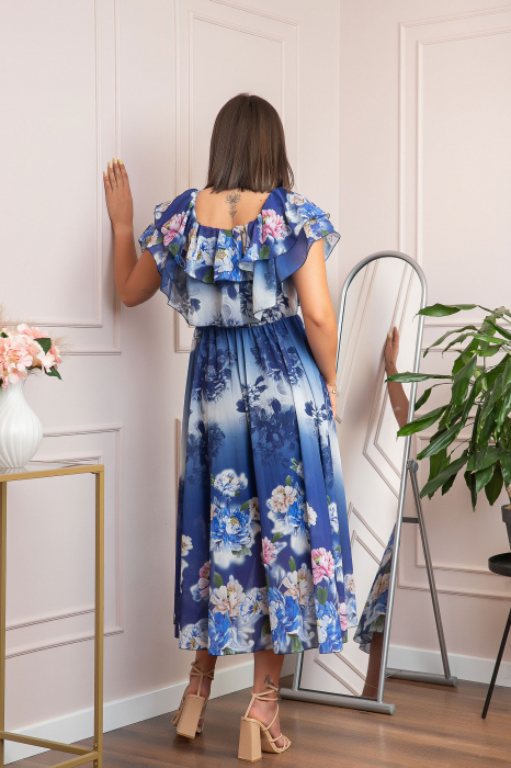 Rochie de ocazie Elle cu volane ample si imprimeuri florale - Bleumarin [3]