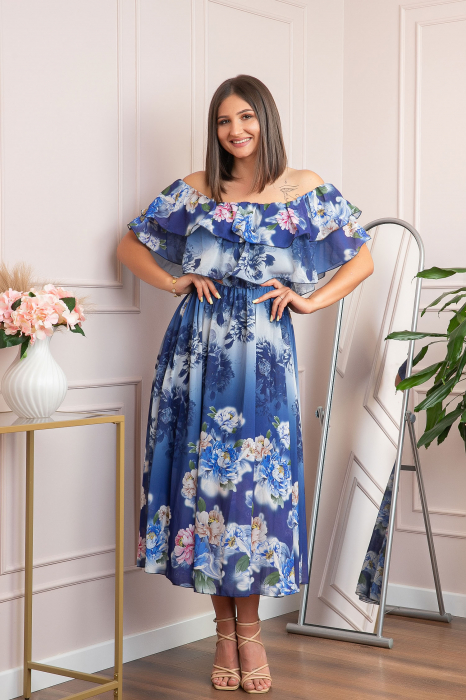 Rochie de ocazie Elle cu volane ample si imprimeuri florale - Bleumarin [4]
