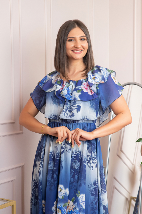 Rochie de ocazie Elle cu volane ample si imprimeuri florale - Bleumarin [2]