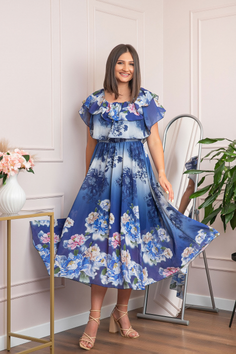 Rochie de ocazie Elle cu volane ample si imprimeuri florale - Bleumarin [5]
