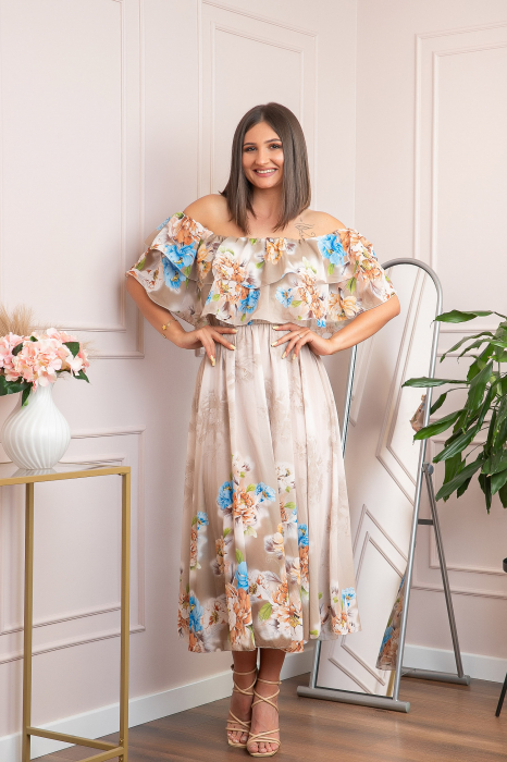Rochie de ocazie Elle cu volane ample si imprimeuri florale - Crem [4]