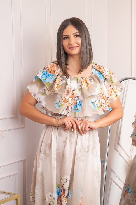 Rochie de ocazie Elle cu volane ample si imprimeuri florale - Crem [2]